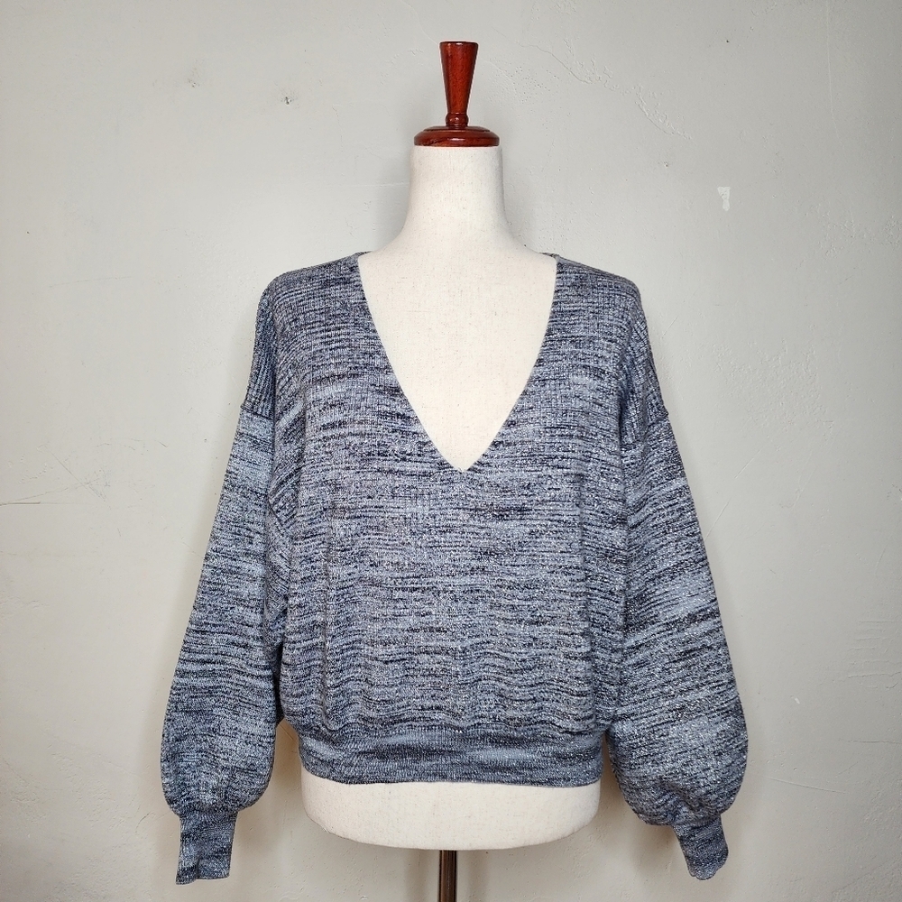 Free People Metallic Silver Balloon Sleeve V Neck Sweater Size Small